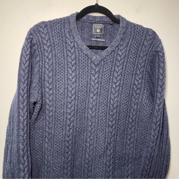 Hudson North Men’s Navy Cable Knit Lambswool V-Neck preppy academia Sweater M - Picture 2 of 7
